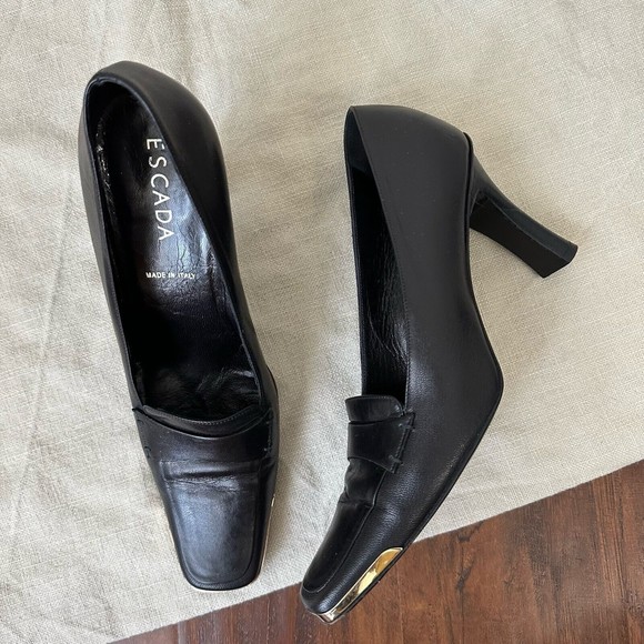 ESCADA Square Toe Gold Accent Black Leather Pump Heels ITALY MADE - Picture 2 of 10